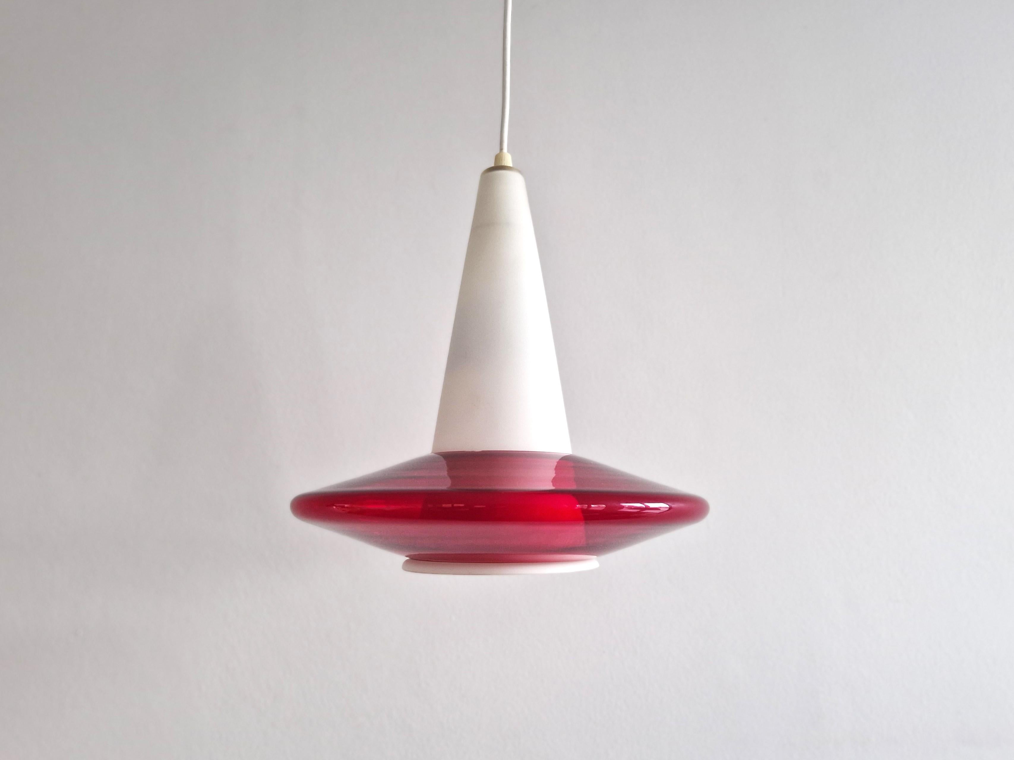 Red and opaline glass pendant lamp, 1960's For Sale 1