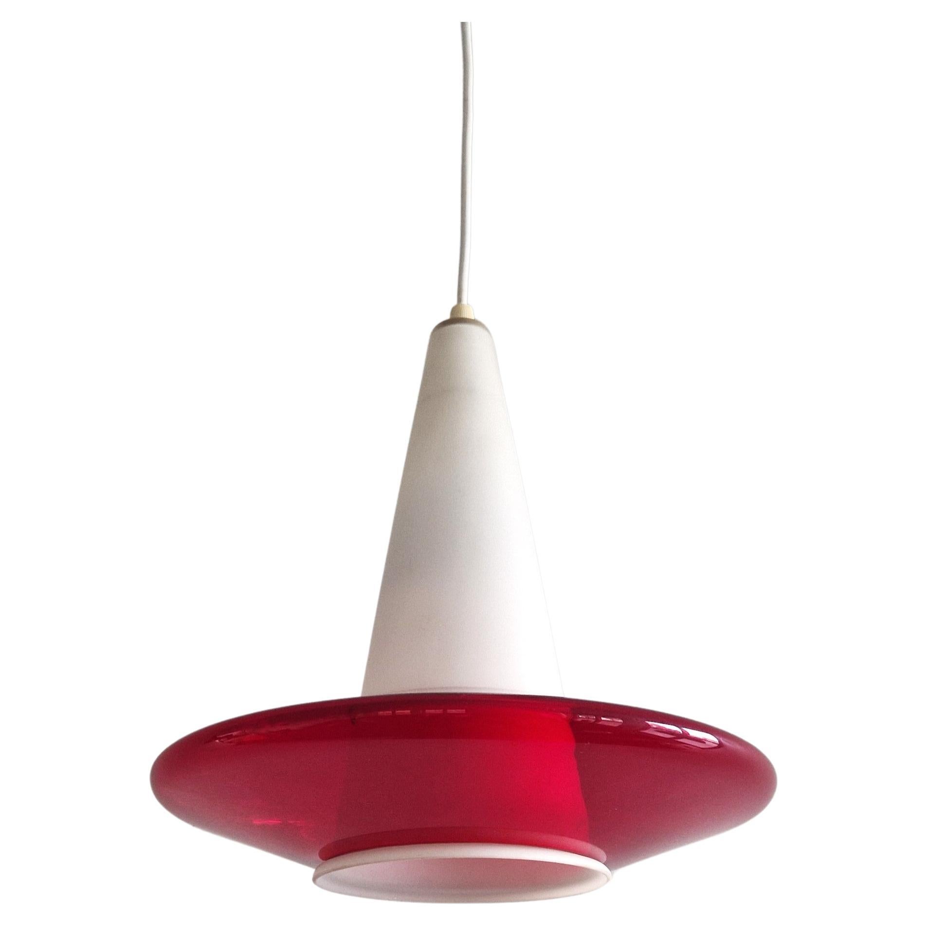 Red and opaline glass pendant lamp, 1960's For Sale