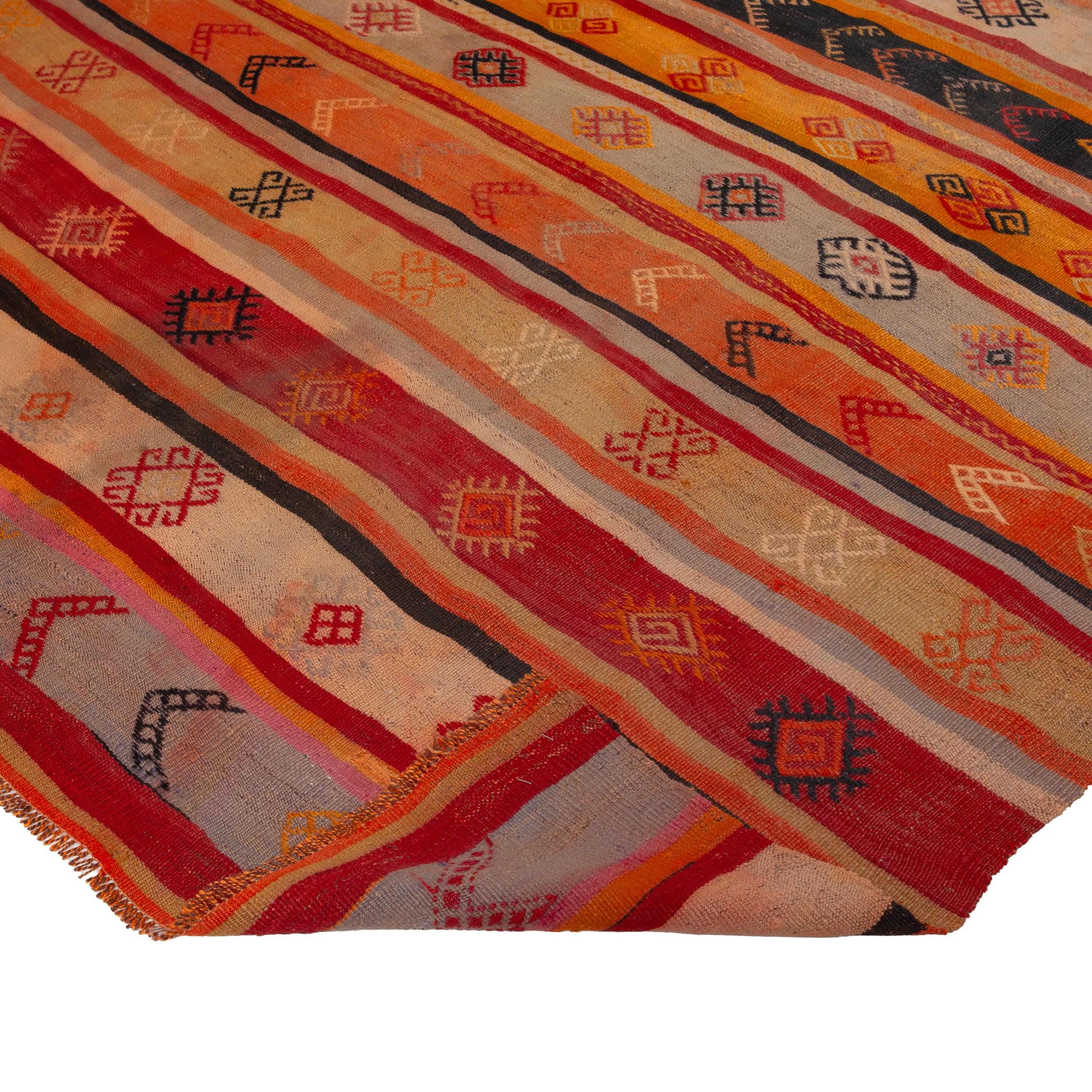 Hand-Woven abc carpet Red and Orange Vintage Wool Kilim Rug - 6'5