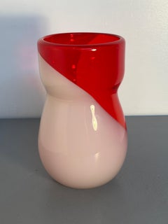 Red and Pale Pink Murano Art Glass Vase with a Twisted, Sculptural Body