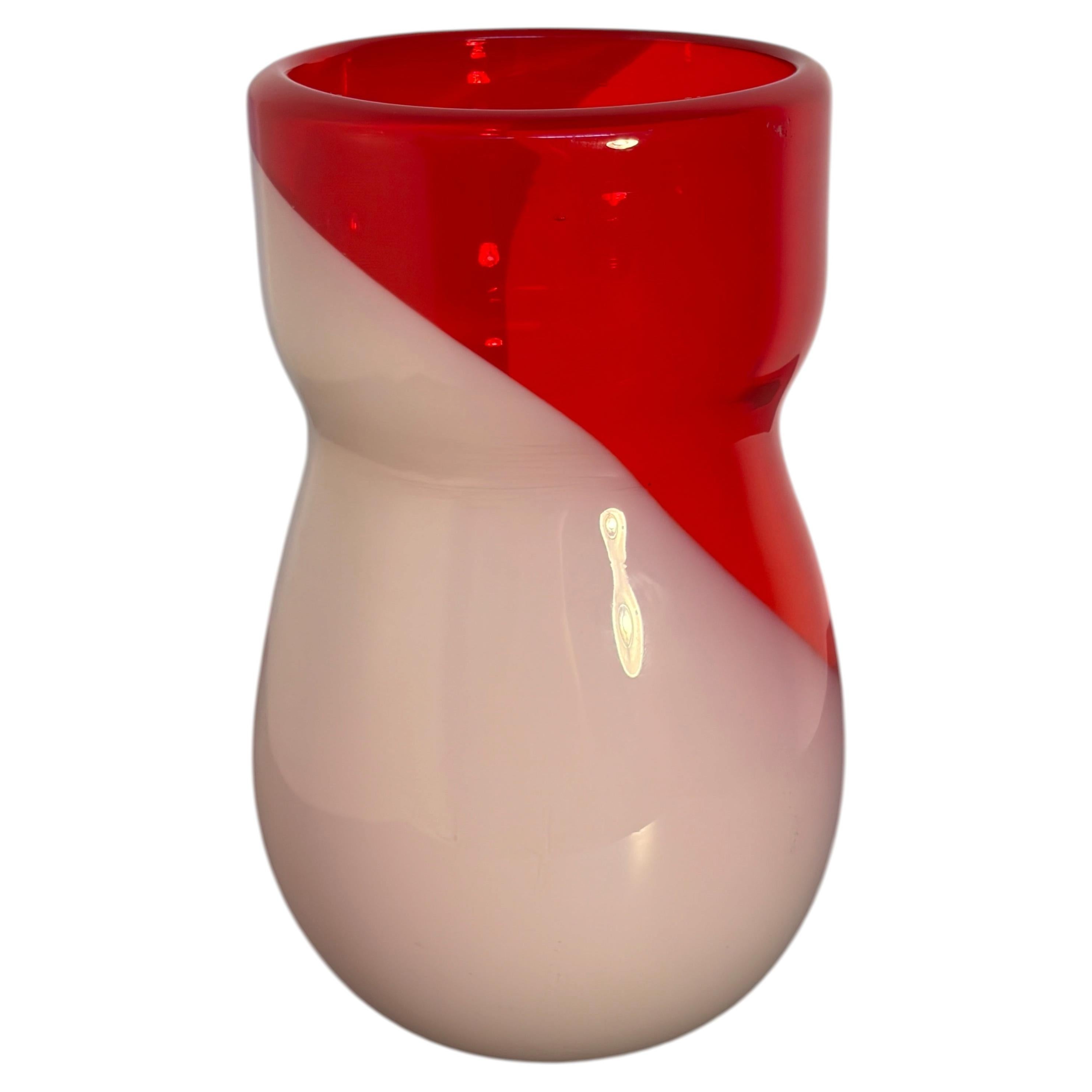 Red and Pale Pink Murano Art Glass Vase with a Twisted, Sculptural Body For Sale