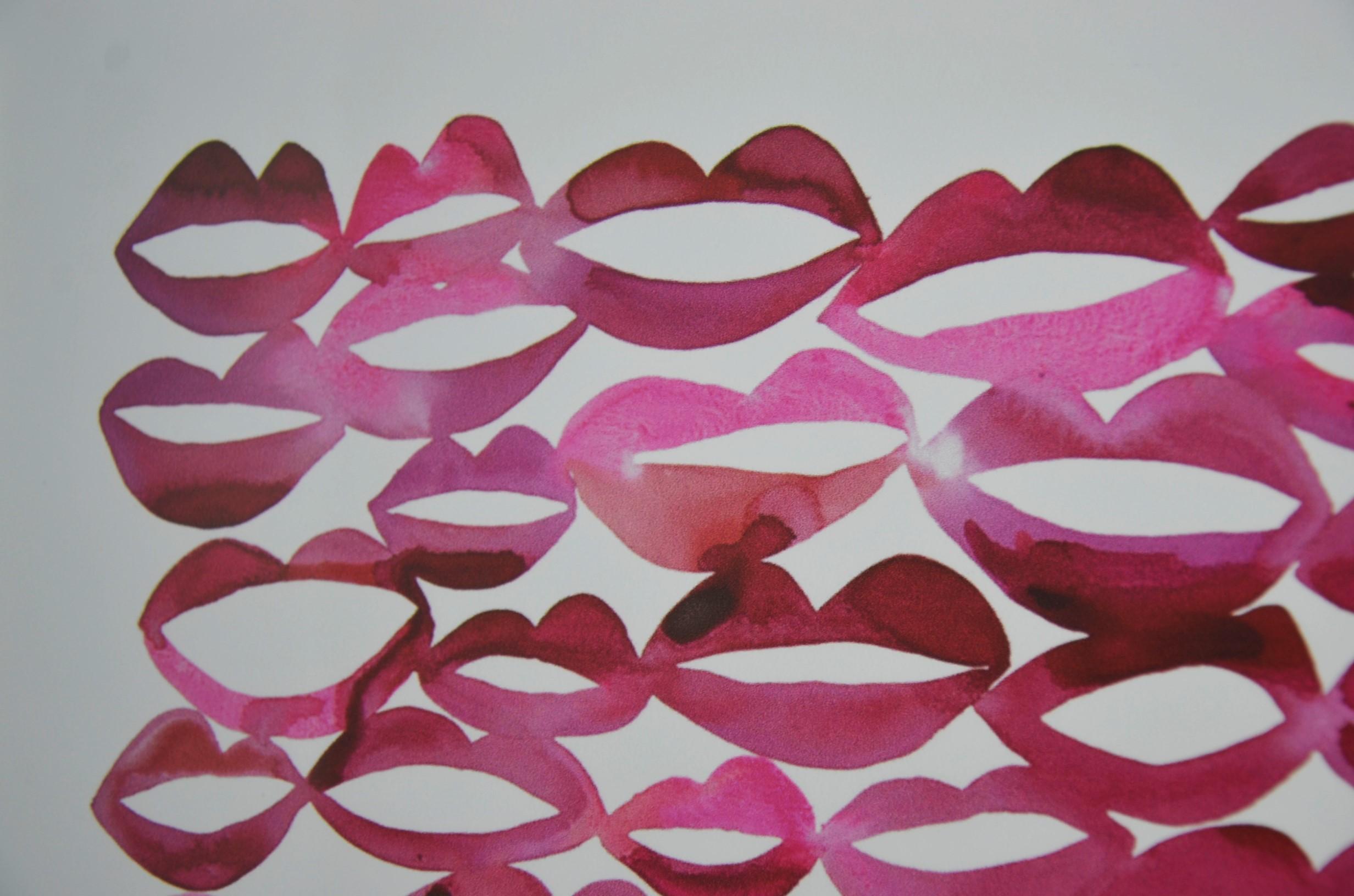 Wood Red and Pink Contemporary Lithograph 