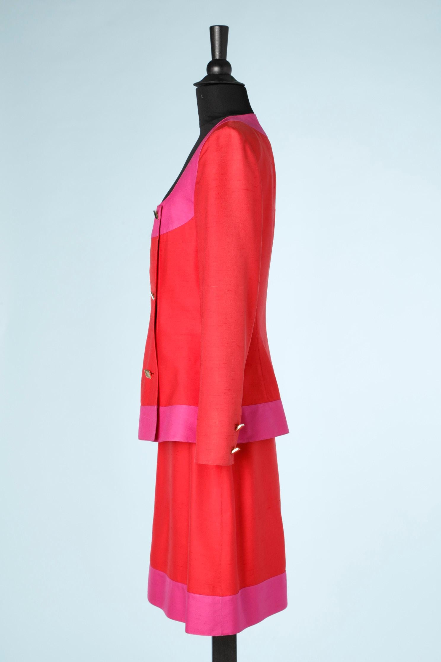 Red and pink wild silk skirt suit Claude Montana  In Excellent Condition In Saint-Ouen-Sur-Seine, FR