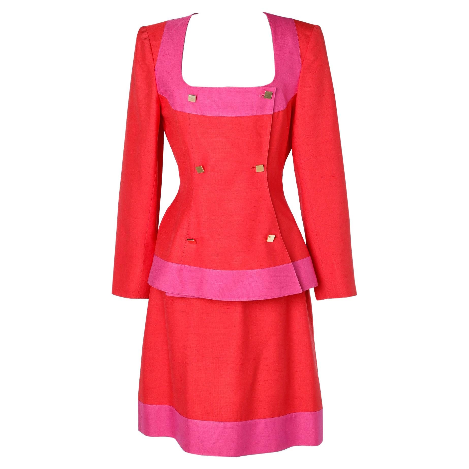 Red and pink wild silk skirt suit Claude Montana 