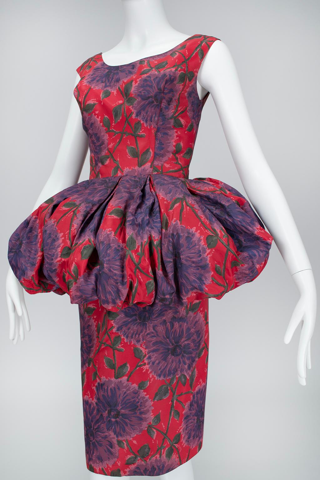 Robe fourreau rouge et violet avec péplum en tulle farthingale à 360 degrés - M, 1960s en vente 1