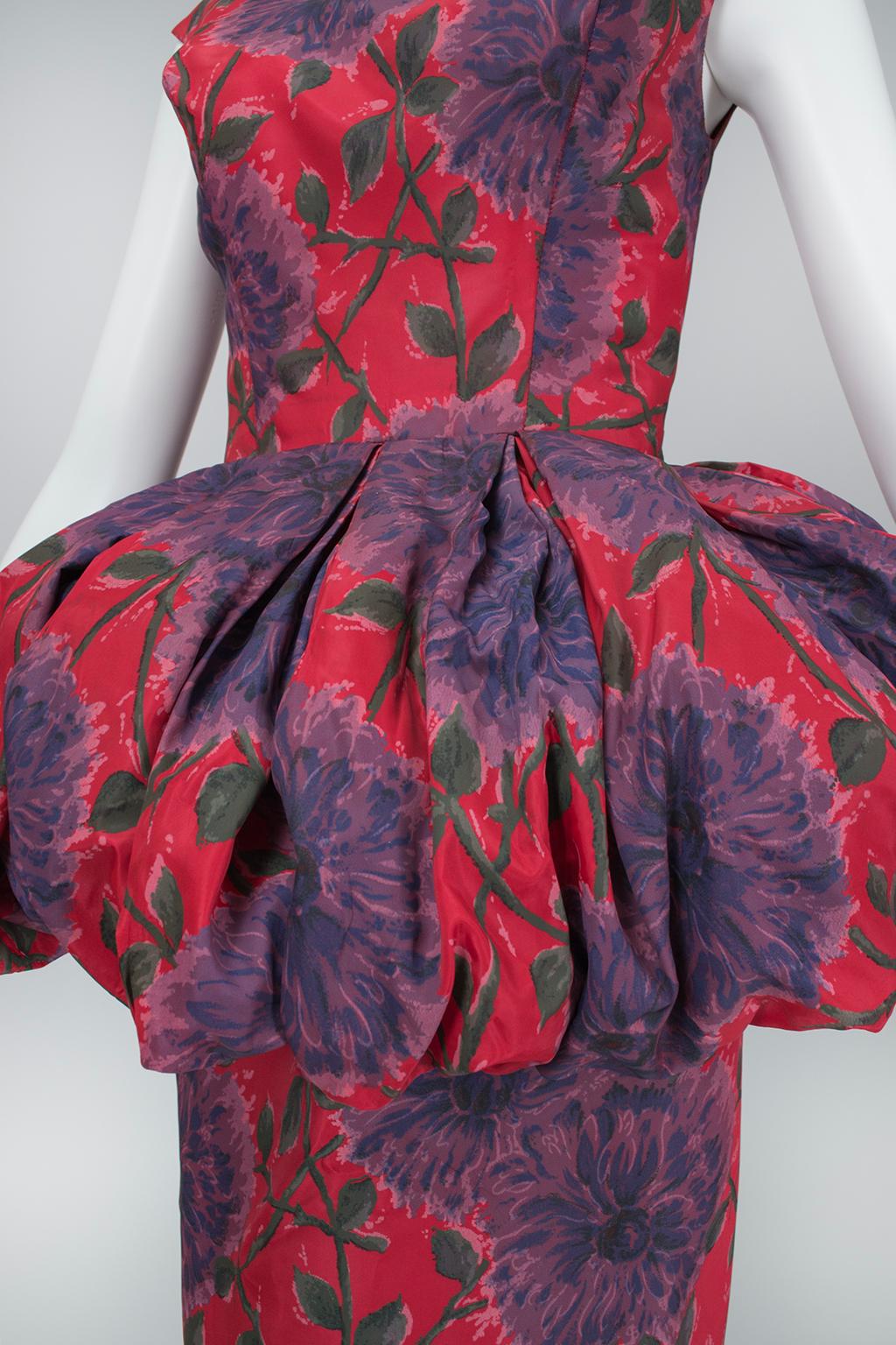 Red and Purple Sheath Dress w 360-Degree Tulle Farthingale Peplum - M, 1960s In Excellent Condition For Sale In Tucson, AZ