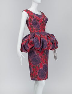 Red Rose Sheath Dress w 360-Degree Tulle Balloon Peplum - M, 1960s