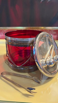 Red and Silver Ice Bucket in the Shape of a Drum with Ice Tongs