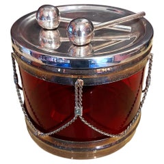Red and Silver Ice Bucket in the Shape of a Drum with Ice Tongs