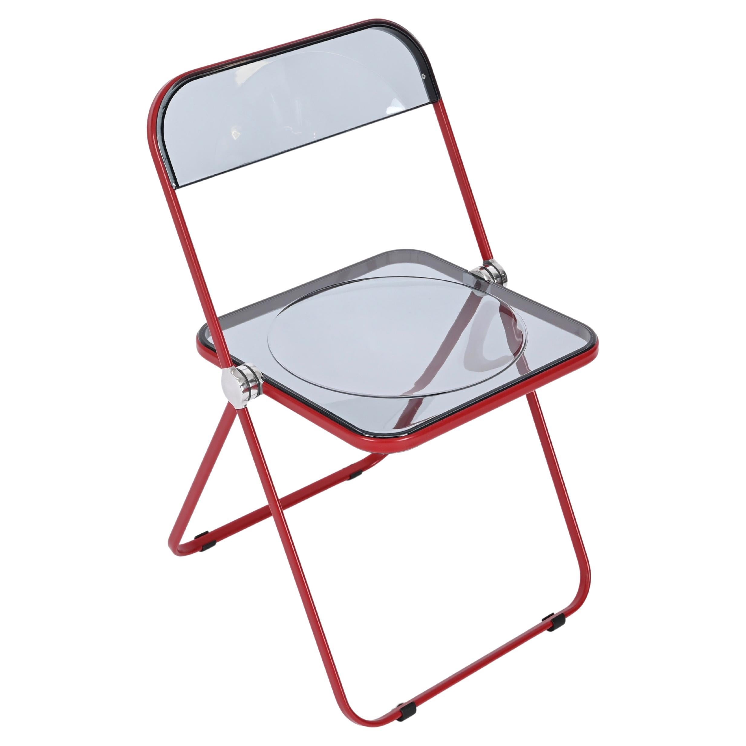 Red and Smoked Lucite "Plia" Folding Chairs by Piretti for Castelli Italy For Sale