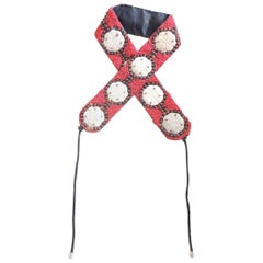 Red and Tan African Beaded Belt with Soapstone Rosettes