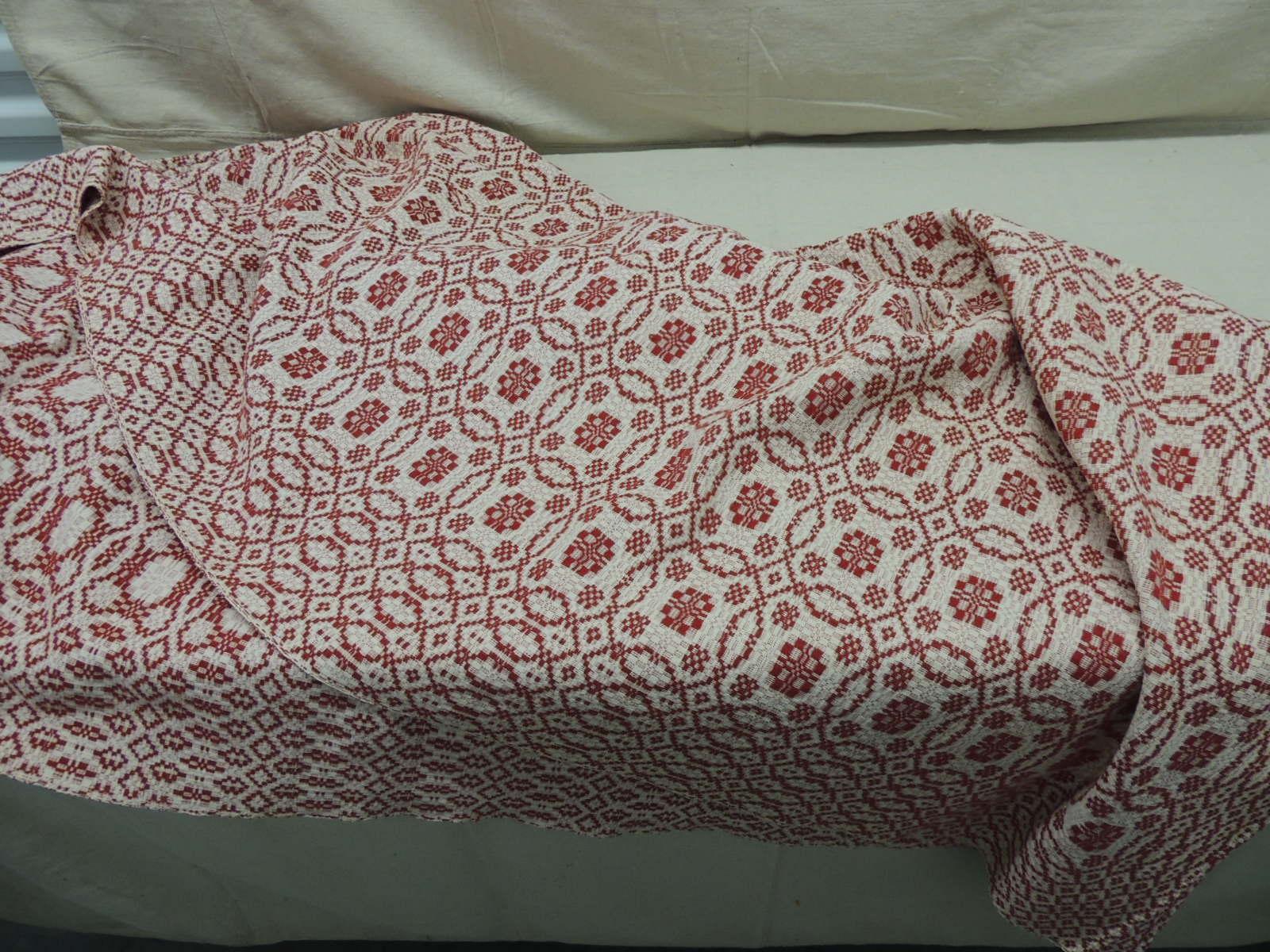 Hand-Crafted Red and White Americana Jacquard Woven Blanket/Coverlet