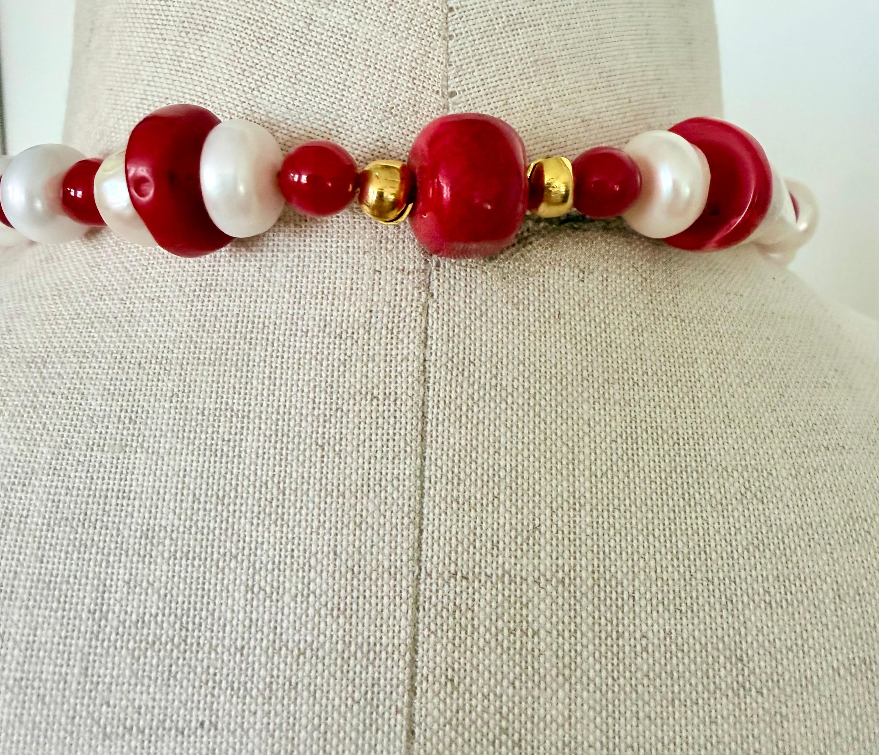 Red and White Bead Necklace with Asymmetrical Coral Bamboo and and ...