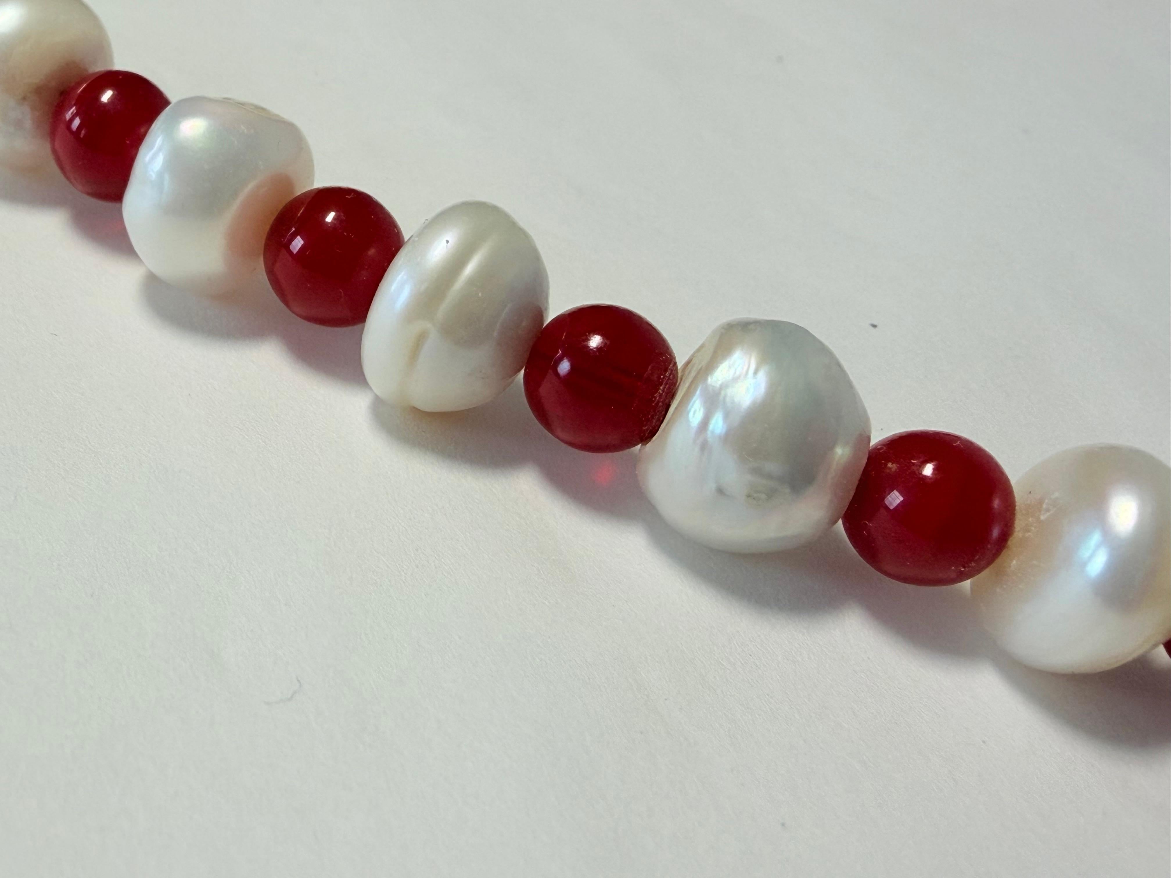 Red and White Bead Necklace with Asymmetrical Coral Bamboo and and ...