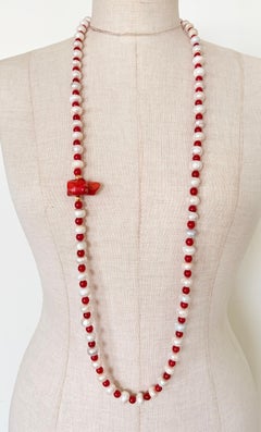 Red and White Bead Necklace with Asymmetrical Coral Bamboo and and Murano Glass