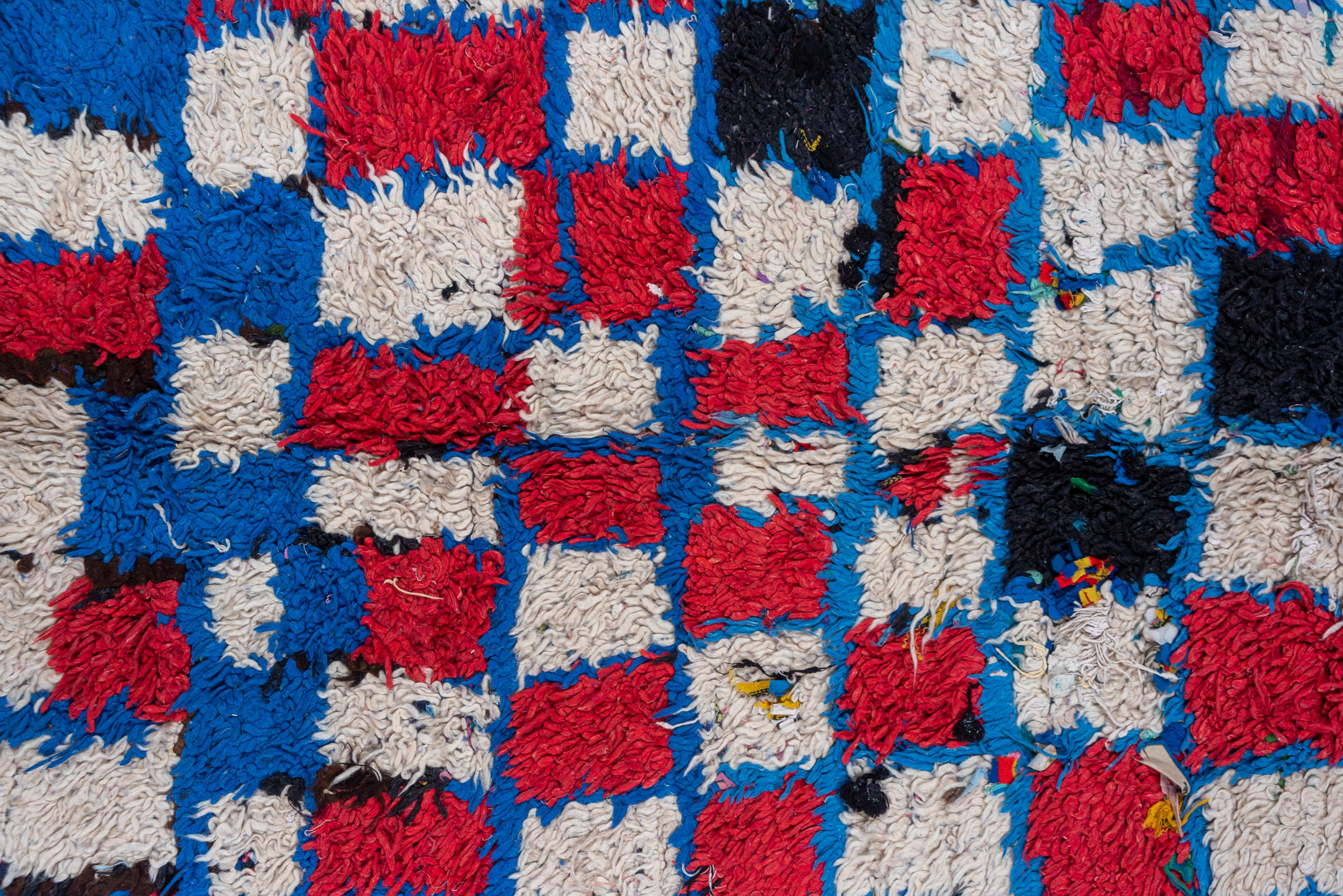 Wool Red and White Box Blue Trim Moroccan Village Rug For Sale