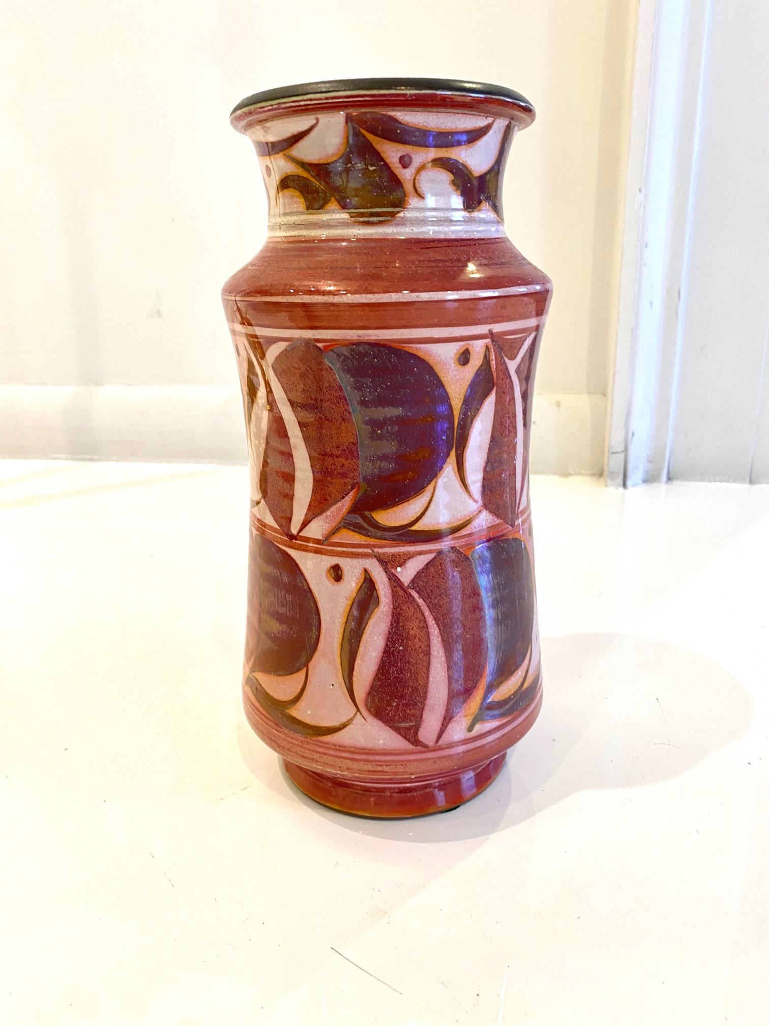 Polychrome Ceramic Vase by Alan Caiger Smith
marked 82.1, 61A England: circa 1980

Alan Caiger-Smith is a ceramicist, painter, and published scholar, best known for his tin-glazed lusterware, hand-decorated with distinctive calligraphic brushwork