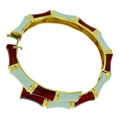 Retro Red and White Enamel Bangle / Bracelet in 18 Karat Yellow Gold Cuff 66 Grams