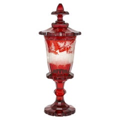 Antique Red and White Engraved Bohemian Glass Goblet
