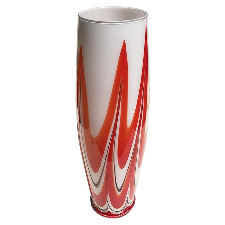 Red and White Italian Glass Vessel Vase in Murano Style Glass Italy 20th Century For Sale
