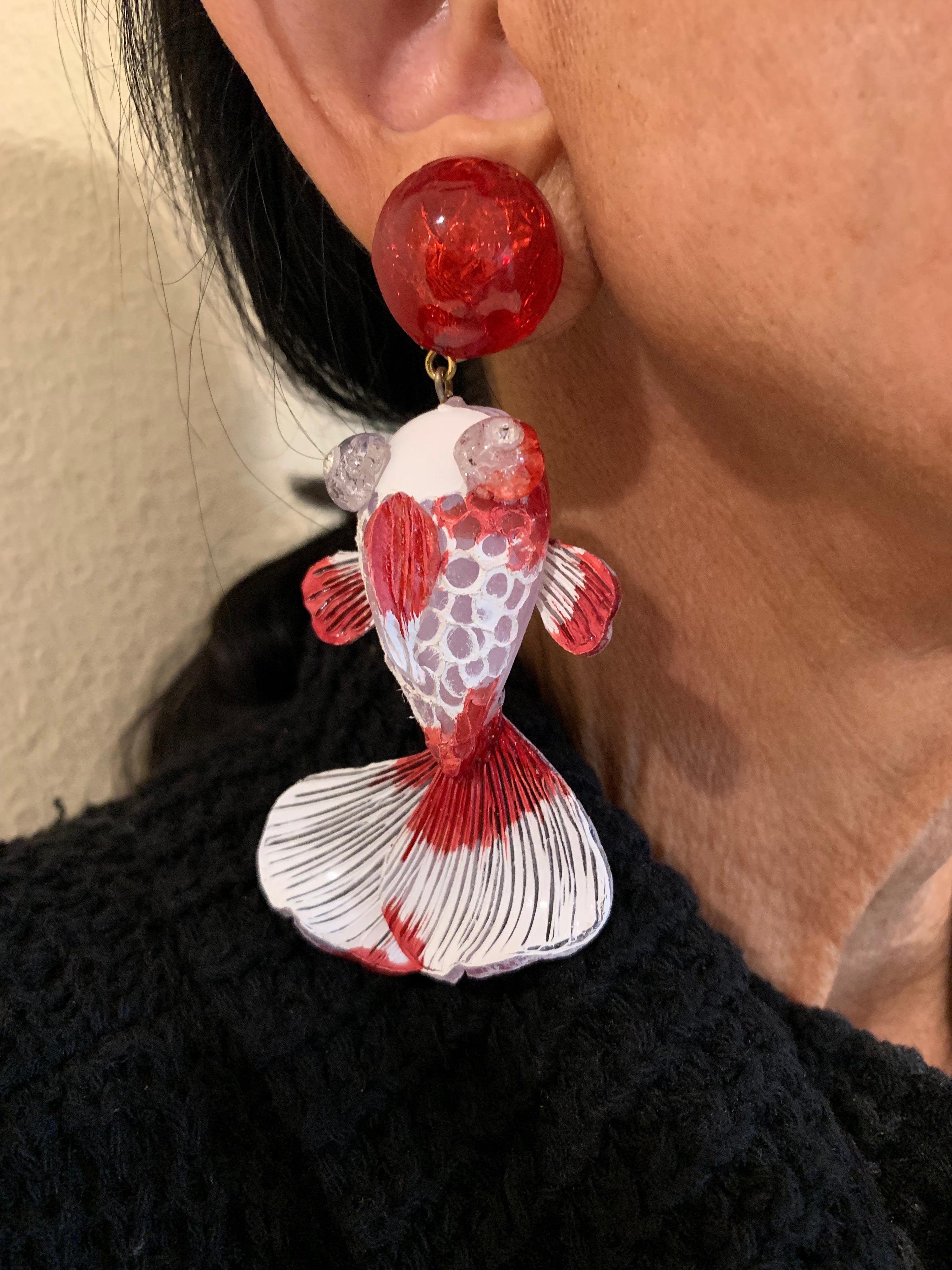 Contemporary Red and White Koi Fish Statement Earrings 