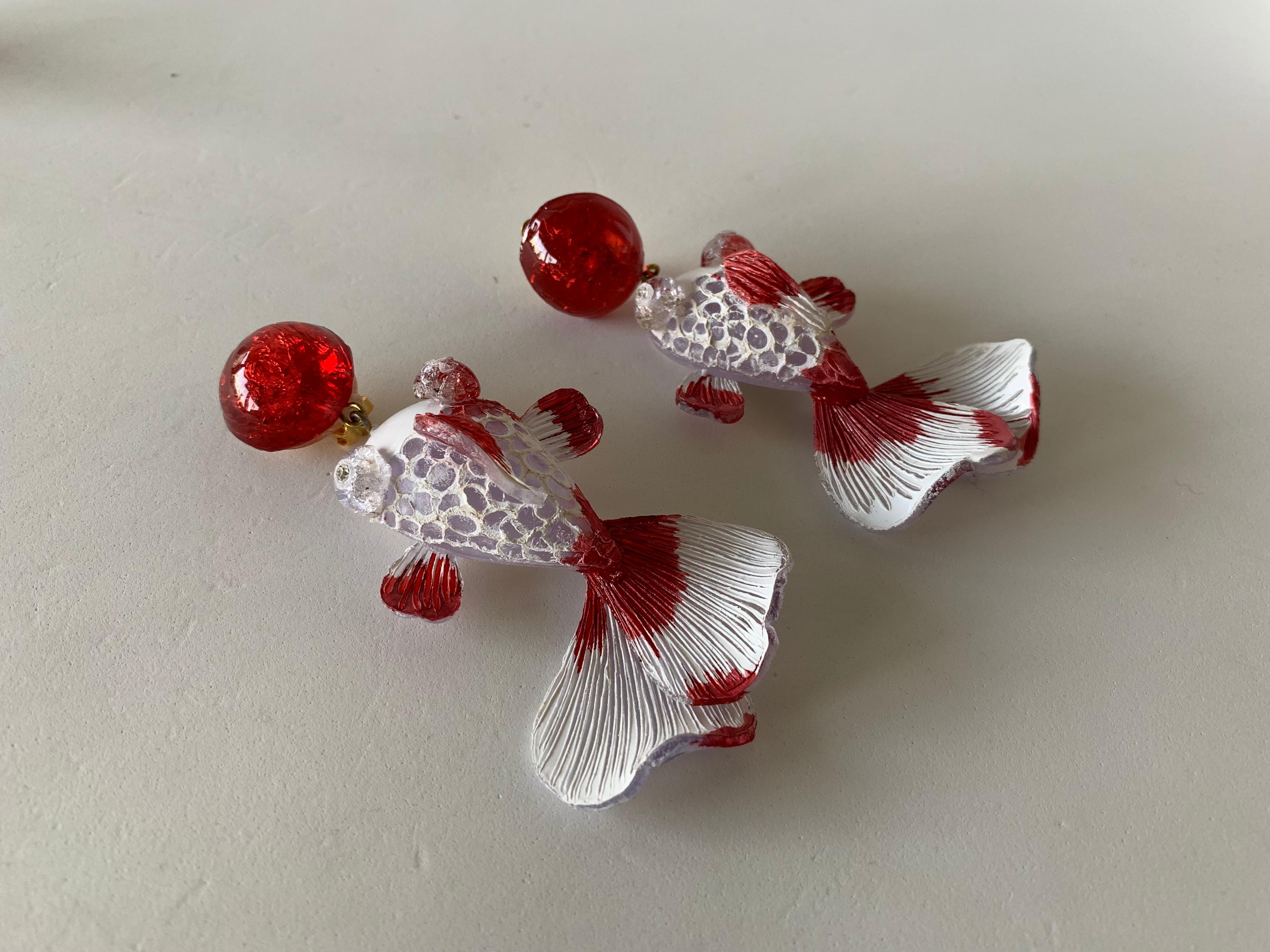 Red and White Koi Fish Statement Earrings  In New Condition In Palm Springs, CA