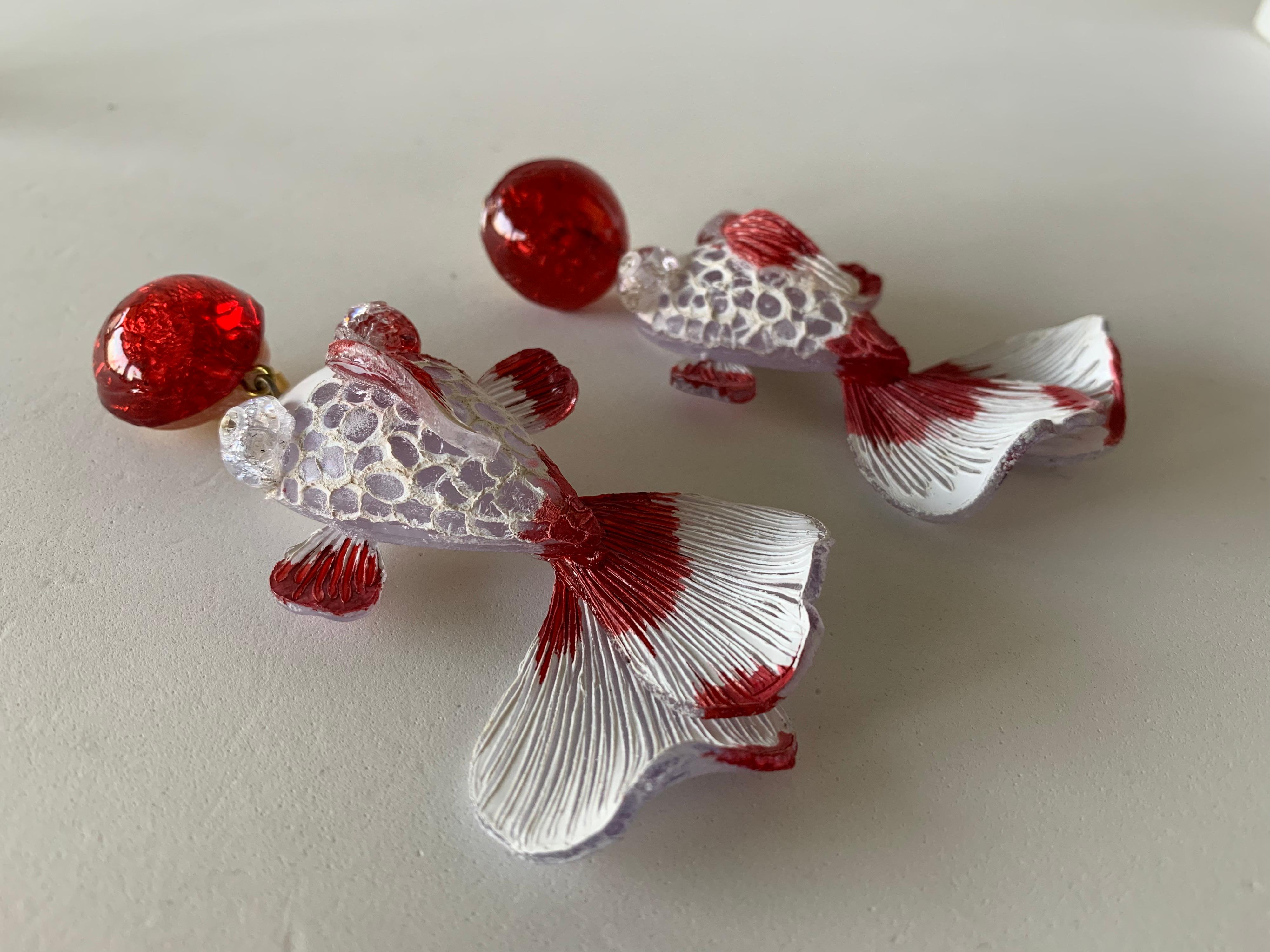 Women's Red and White Koi Fish Statement Earrings 