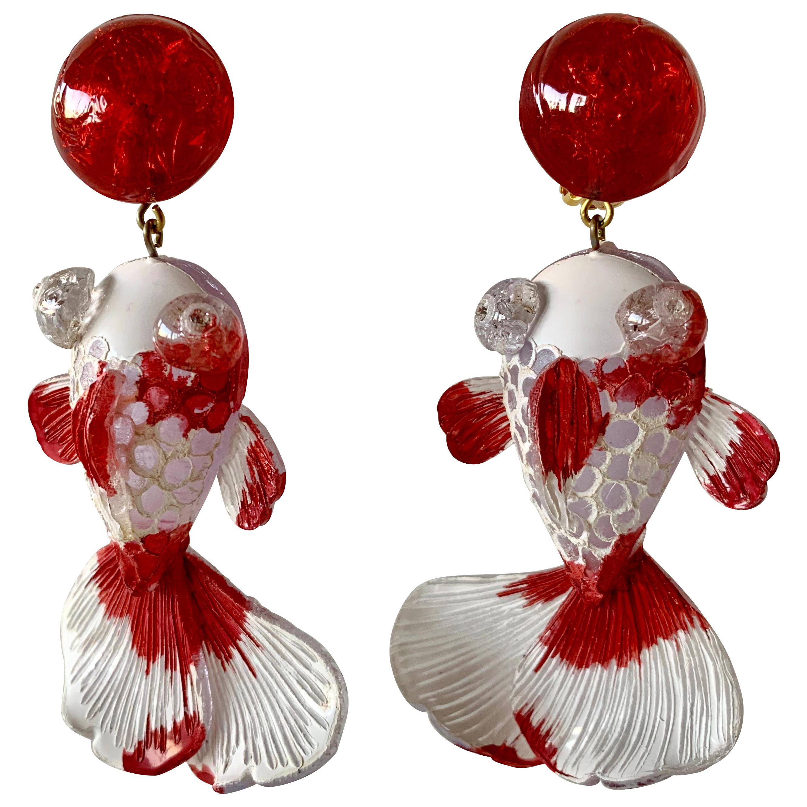 Red and White Koi Fish Statement Earrings 