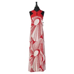 Red and white long linen printed dress GENNY New with tag