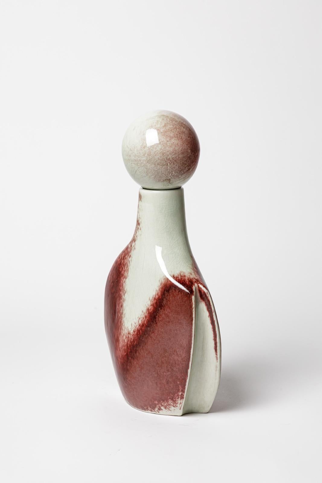 Mid-Century Modern Red and white porcelain ceramic vase or bottle by Jacqueline and Tim Orr 1970 For Sale
