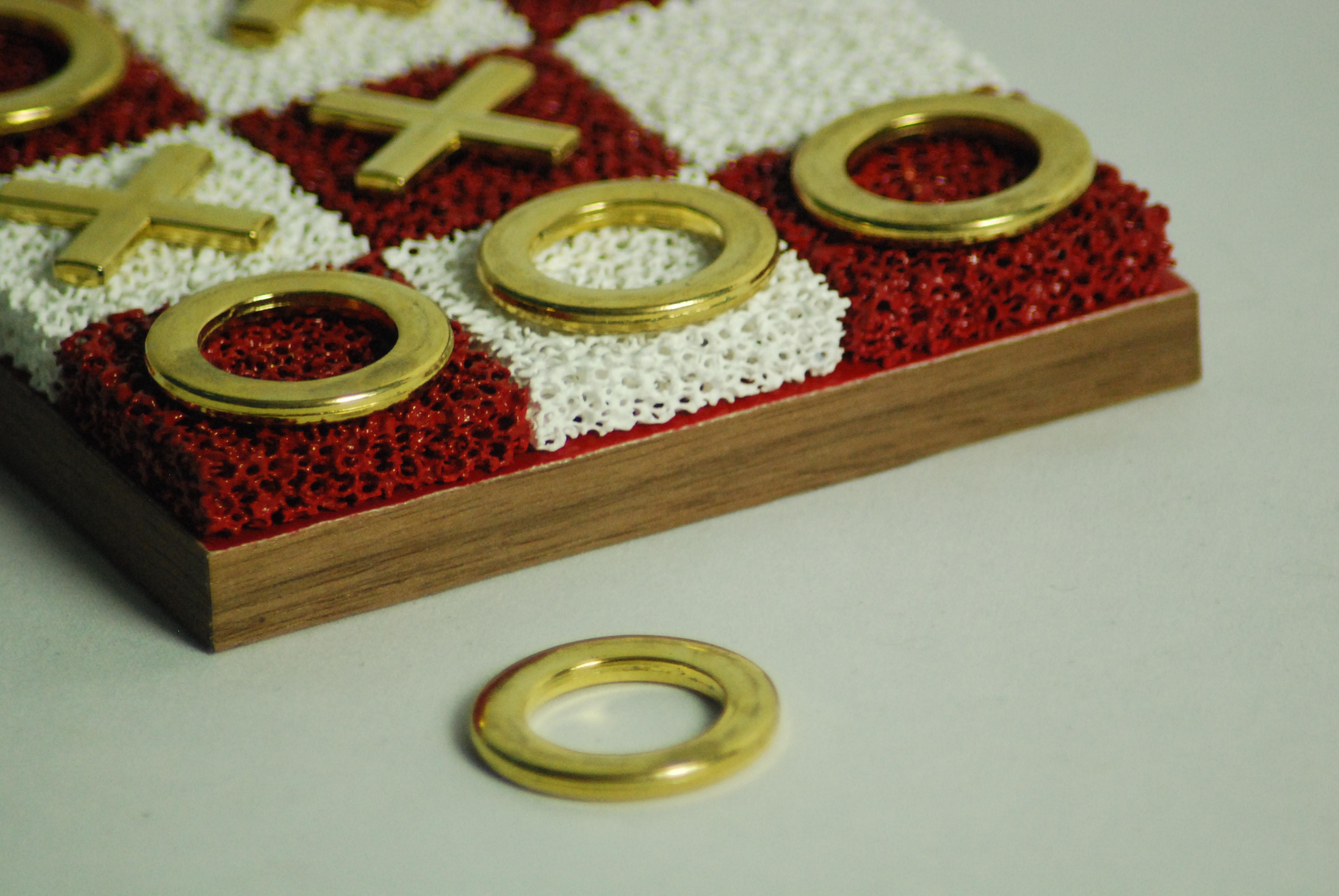 Red and White Porous Ceramic Noughts+Crosses Board, Brass Pieces, Walnut Edge For Sale 3