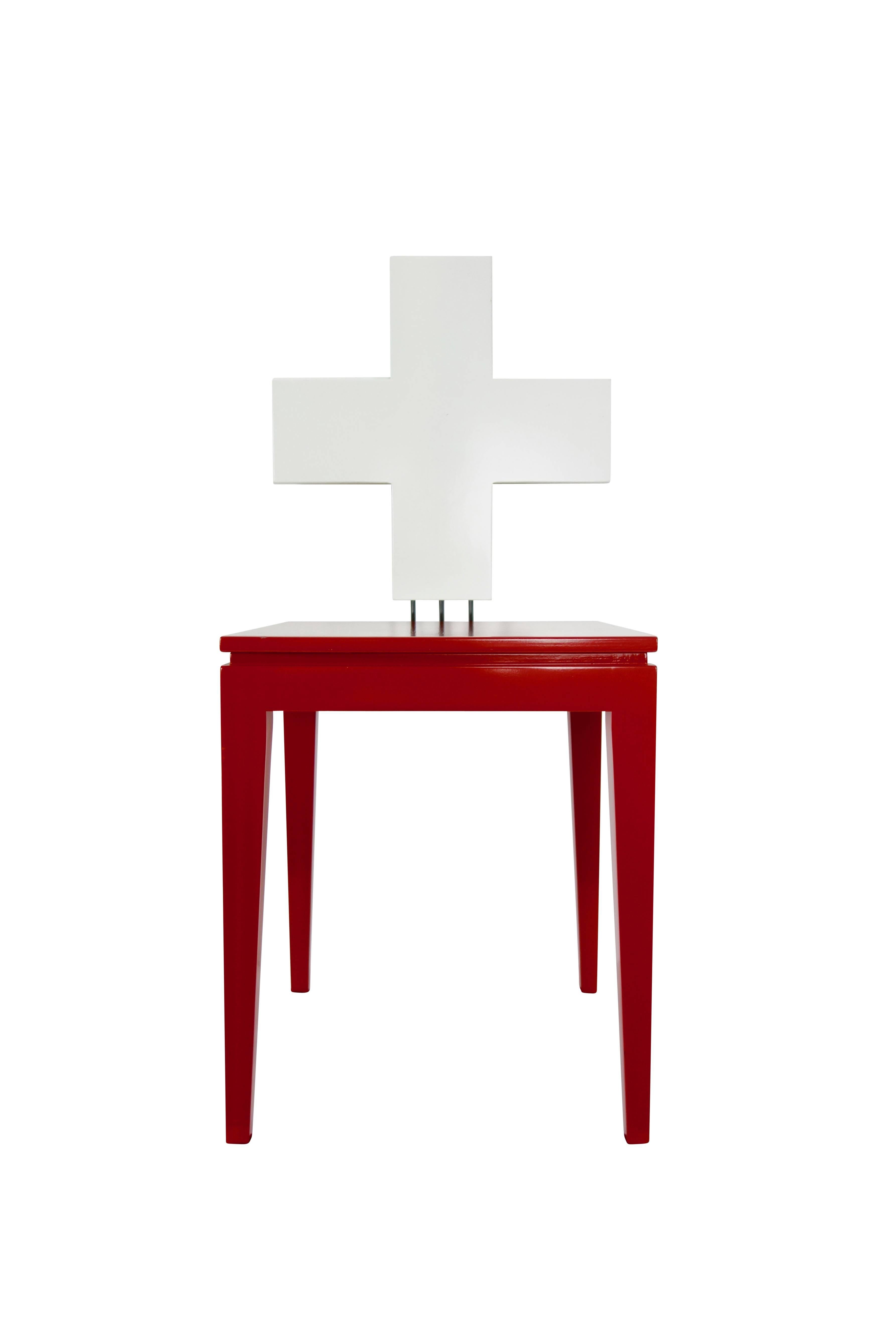 This is the “Schwiiz” chair made for Switzerland’s 700th Independence Day, designed by Reto Kaufmann and produced by Horgenglarus. Made of red and white varnished beech in Zurich, circa 1991.