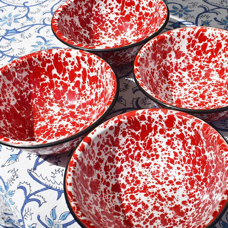 Mid-Century Modern Red and White Splatter Enamelware Metal Bowls, Set of 4