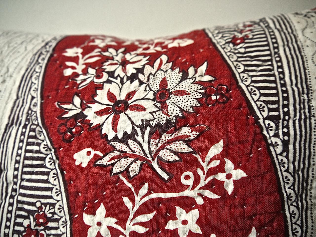 Red and White Stylised Flower Block Printed Cotton Pillow, French, 18th Century For Sale 5