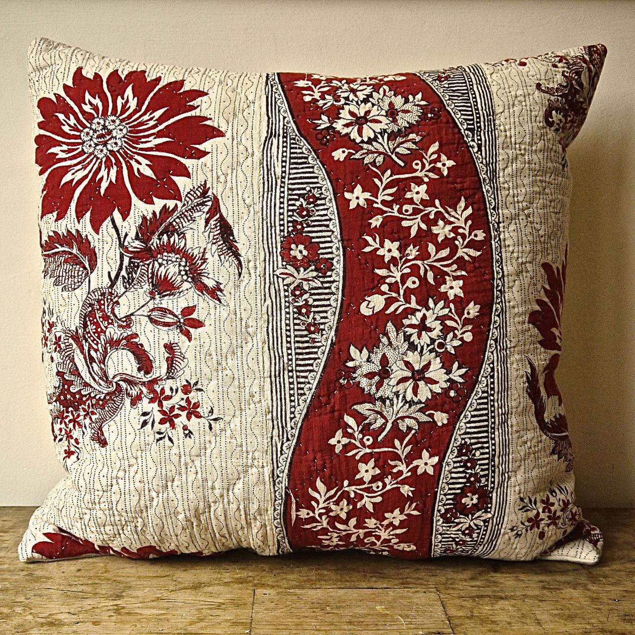 Red and White Stylised Flower Block Printed Cotton Pillow, French, 18th Century For Sale 6