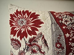 Red and White Stylised Flower Block Printed Cotton Pillow, French, 18th Century