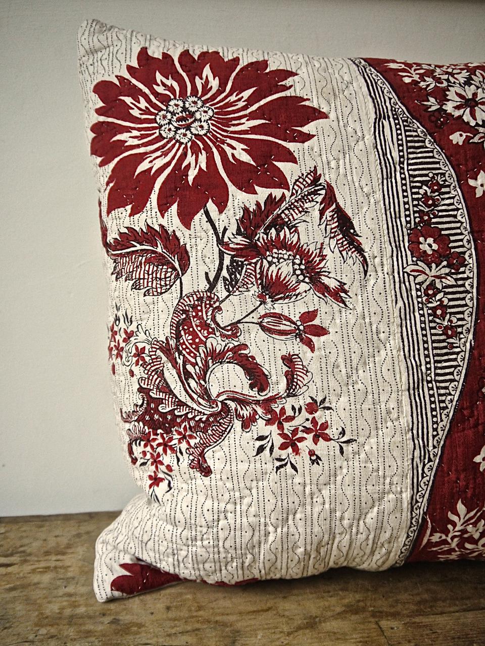 Quilted Red and White Stylised Flower Block Printed Cotton Pillow, French, 18th Century For Sale