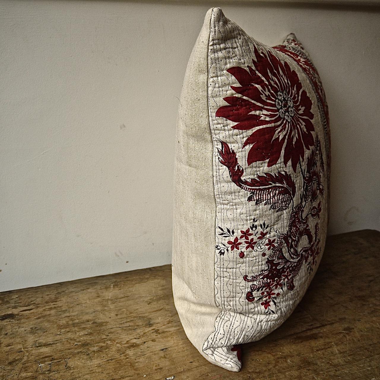 Red and White Stylised Flower Block Printed Cotton Pillow, French, 18th Century For Sale 1