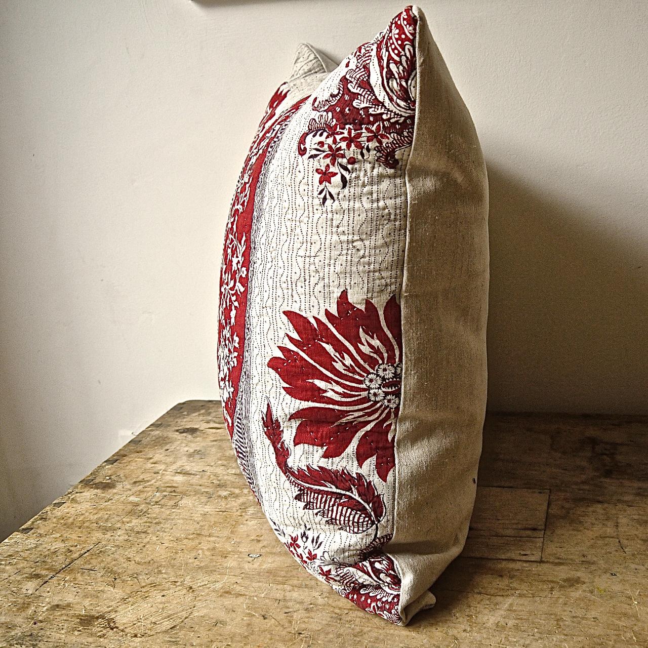 Red and White Stylised Flower Block Printed Cotton Pillow, French, 18th Century For Sale 2