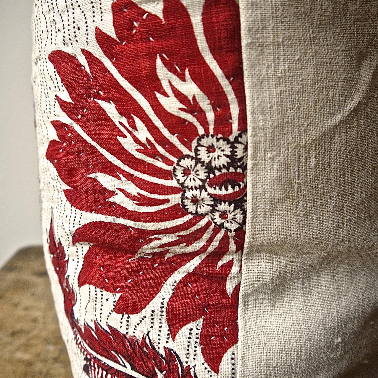 Red and White Stylised Flower Block Printed Cotton Pillow, French, 18th Century For Sale 3