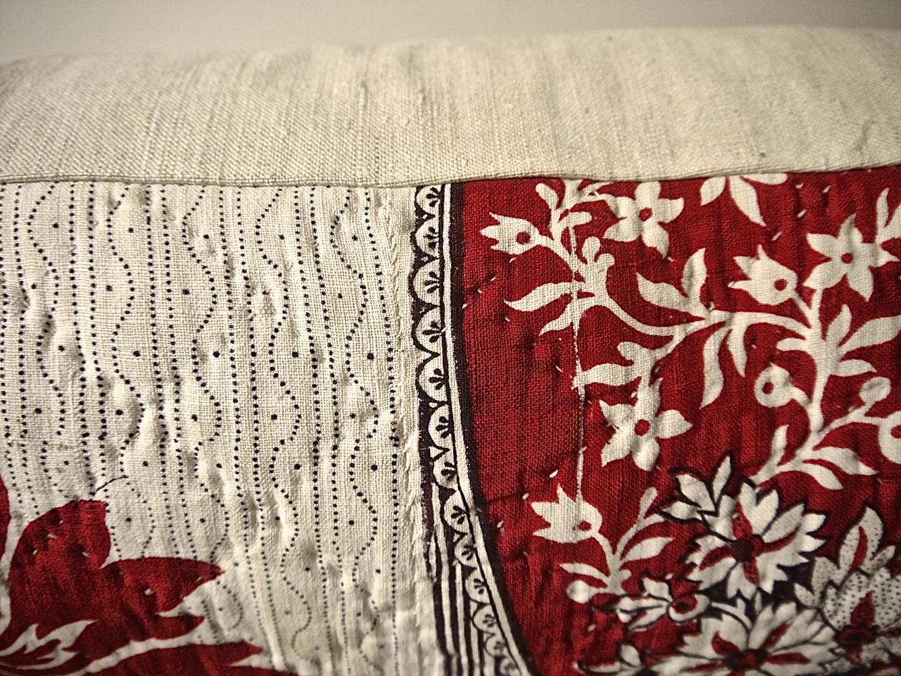 Red and White Stylised Flower Block Printed Cotton Pillow, French, 18th Century For Sale 4