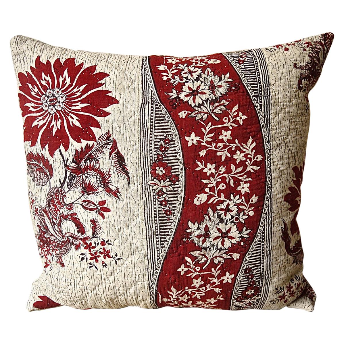 Red and White Stylised Flower Block Printed Cotton Pillow, French, 18th Century For Sale