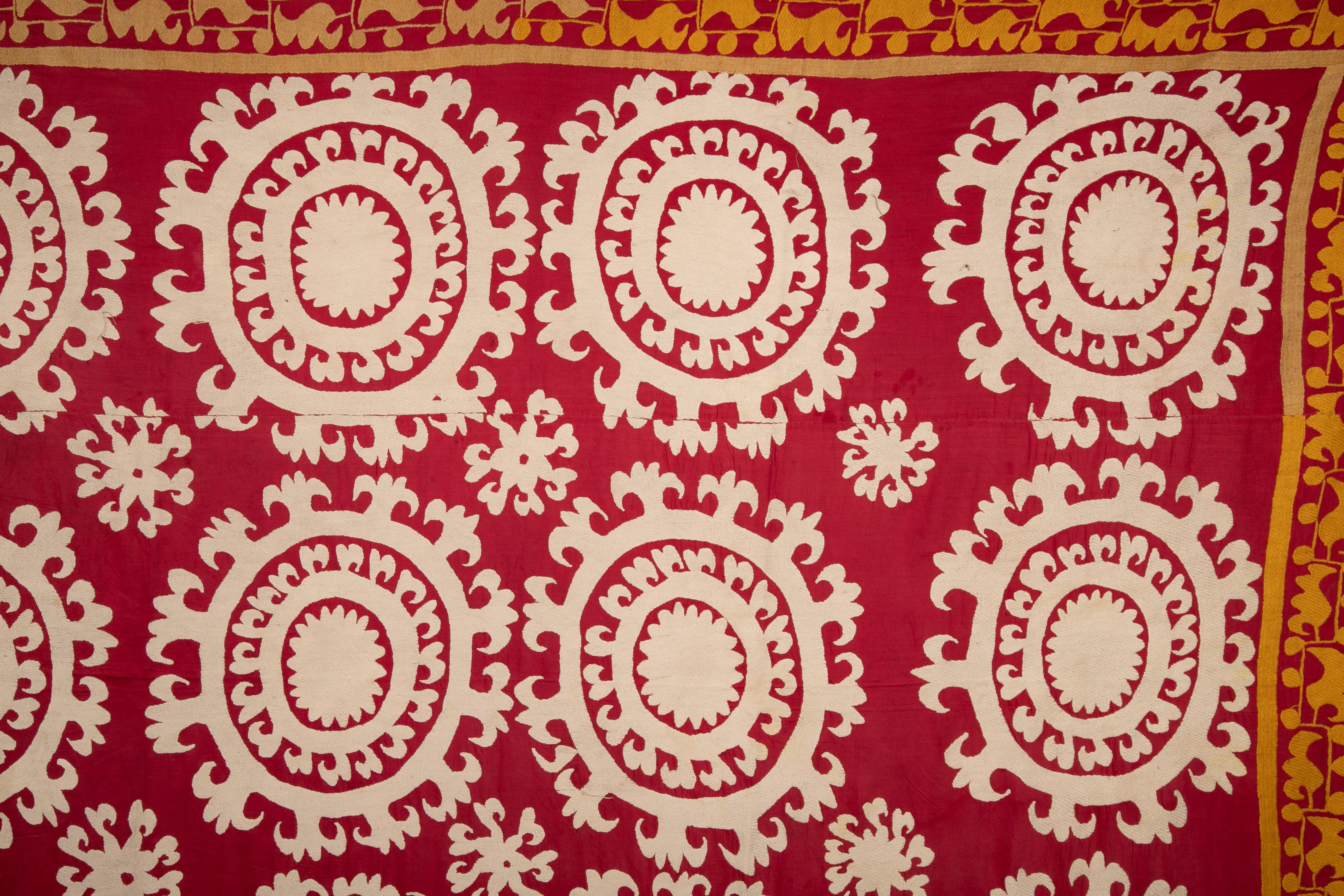 20th Century Red and White Suzani from Samarkand, Uzbekistan, Central Asia, 1970s For Sale