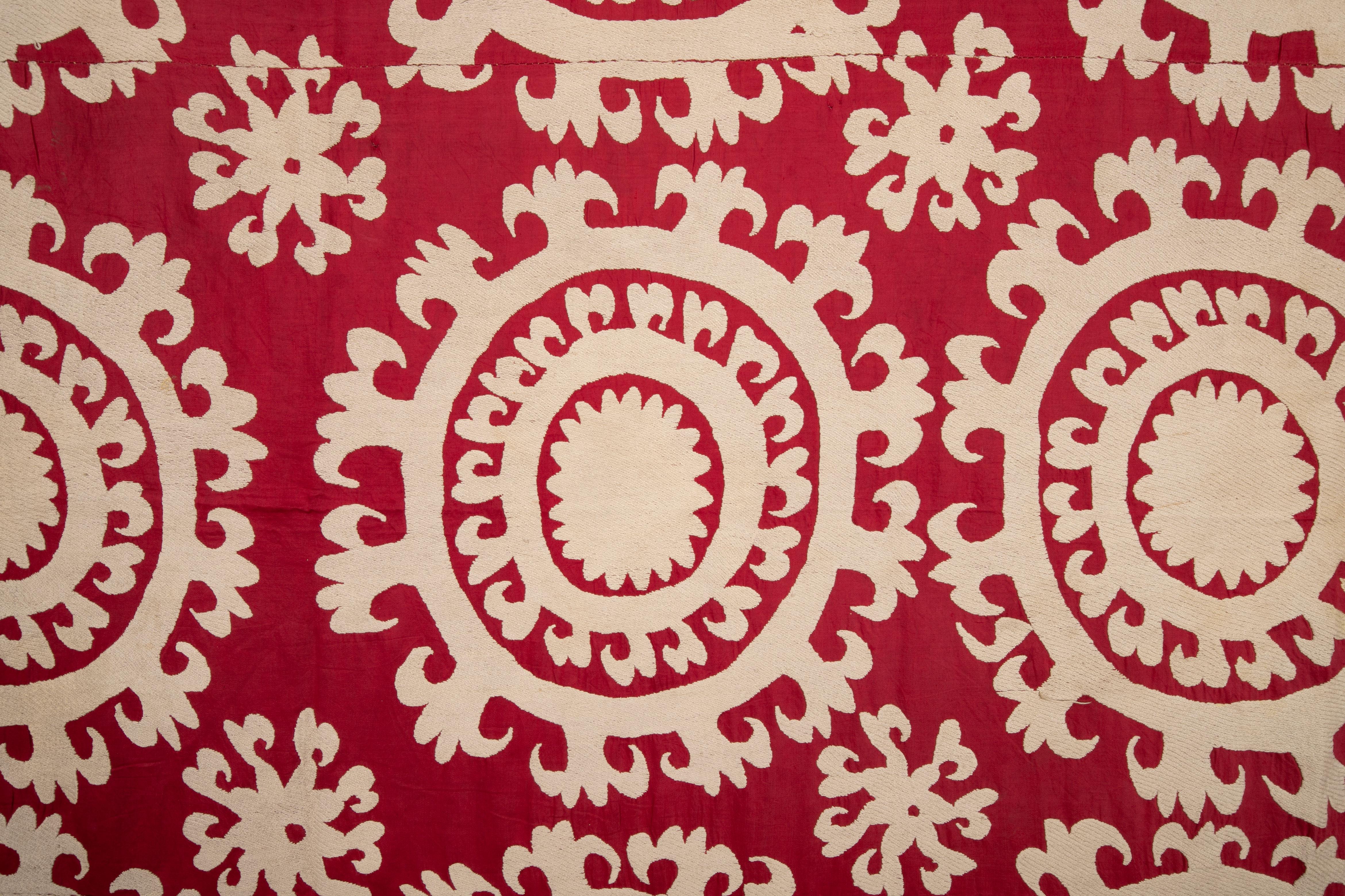 Cotton Red and White Suzani from Samarkand, Uzbekistan, Central Asia, 1970s For Sale