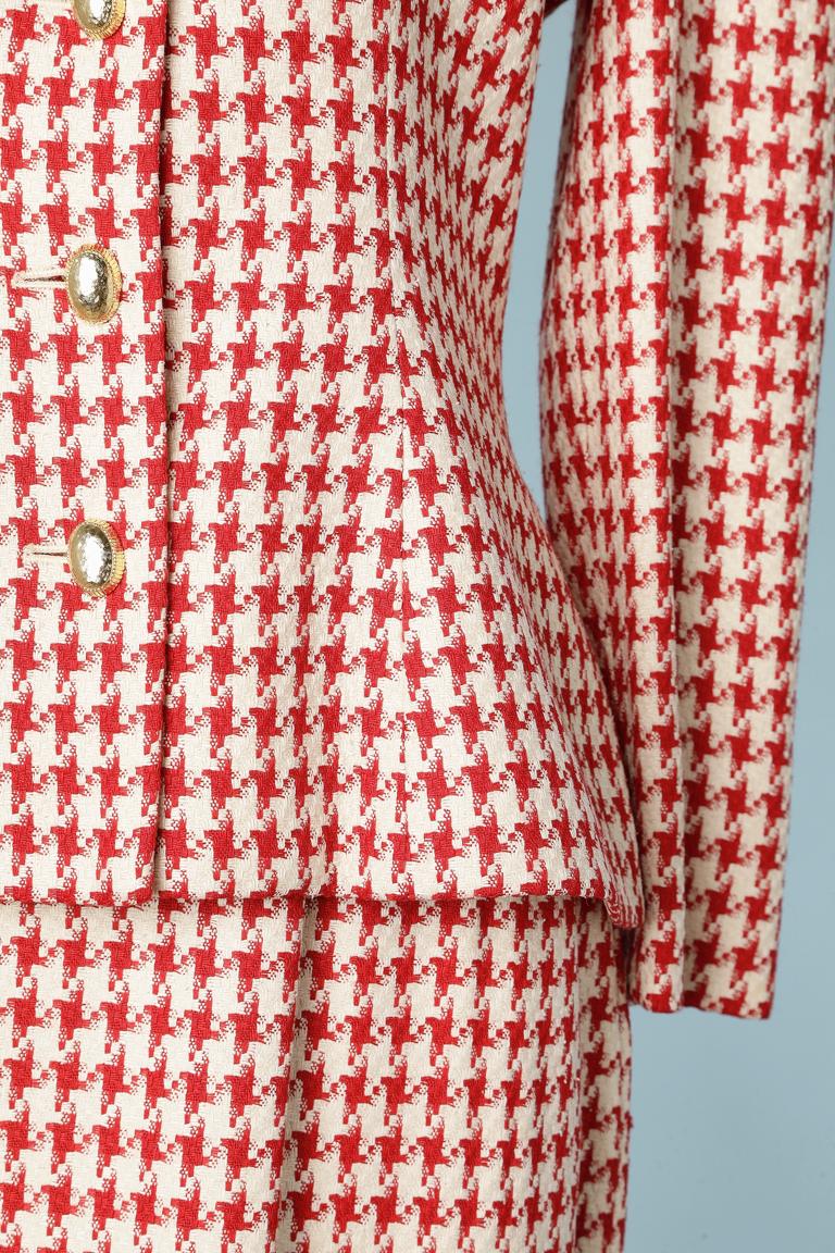 Beige Red and white wool houndstooth skirt suit Christian Dior  For Sale
