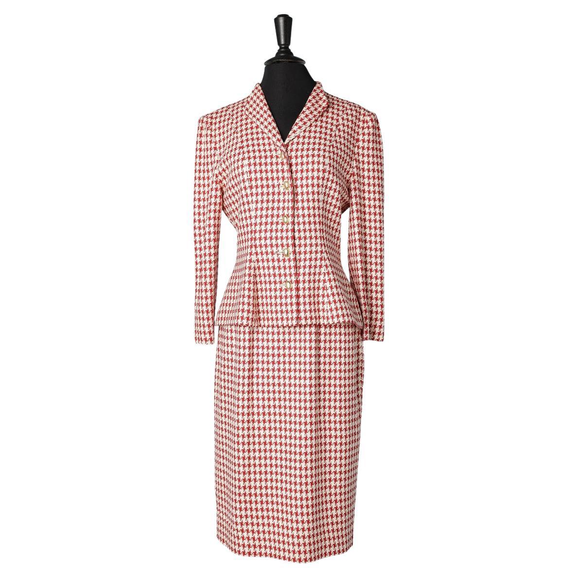 Red and white wool houndstooth skirt suit Christian Dior  For Sale