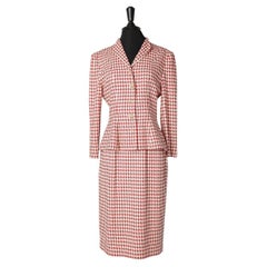 Red and white wool houndstooth skirt suit Christian Dior