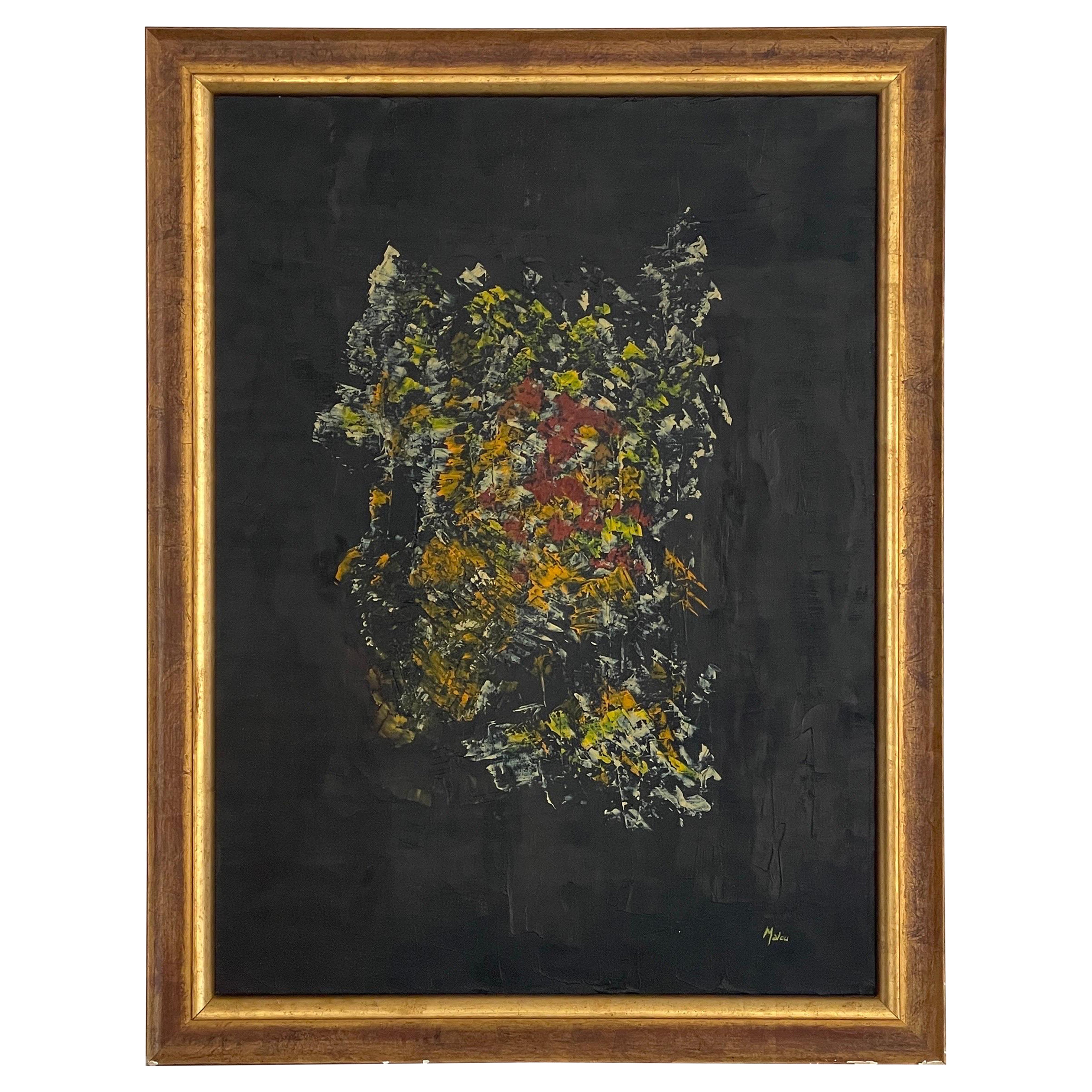 Red and Yellow Abstract Oil Painting with Frame, signed Malou, 1960s, France