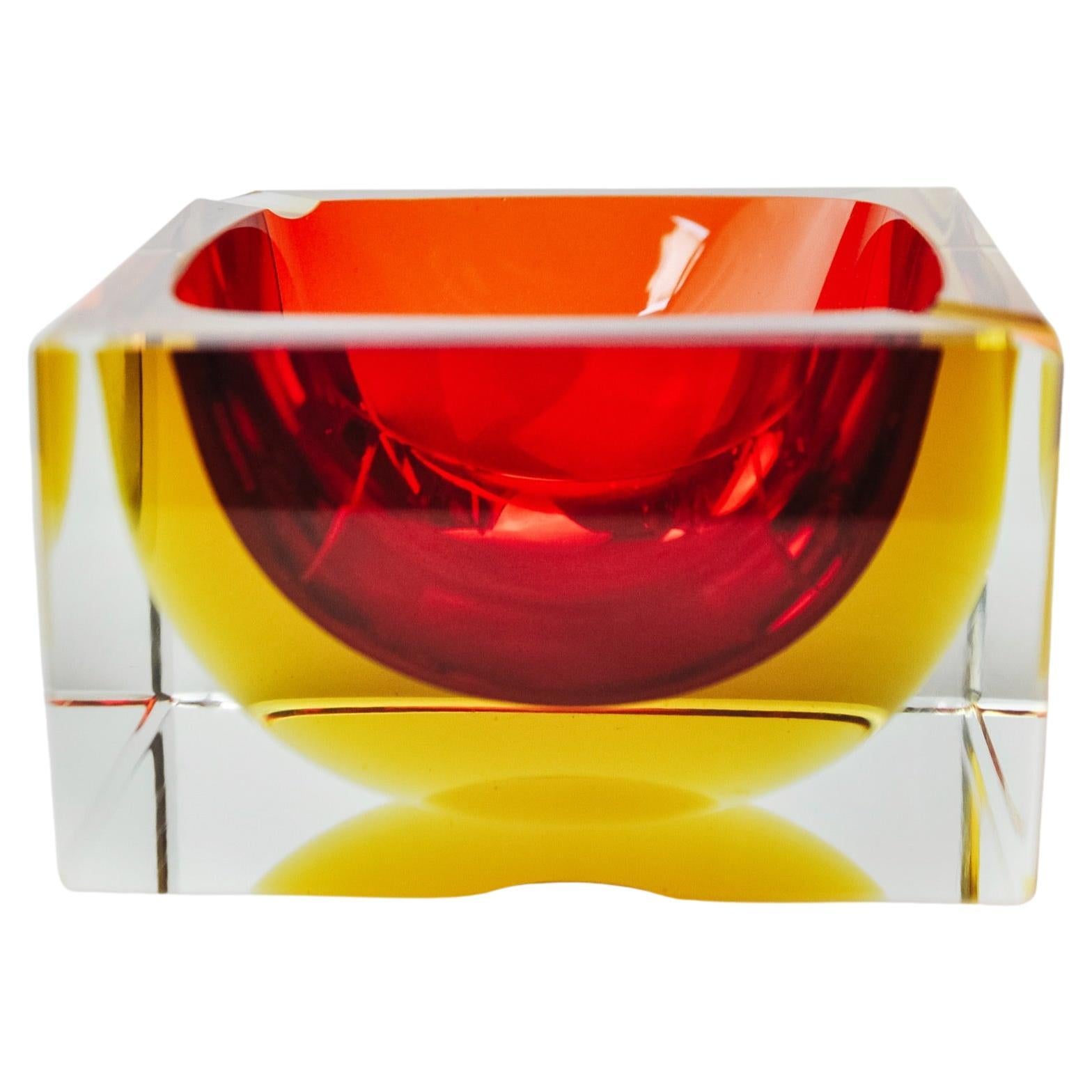 Red and yellow cubic Sommerso ashtray by Seguso, Murano, Italy, 1970 For Sale