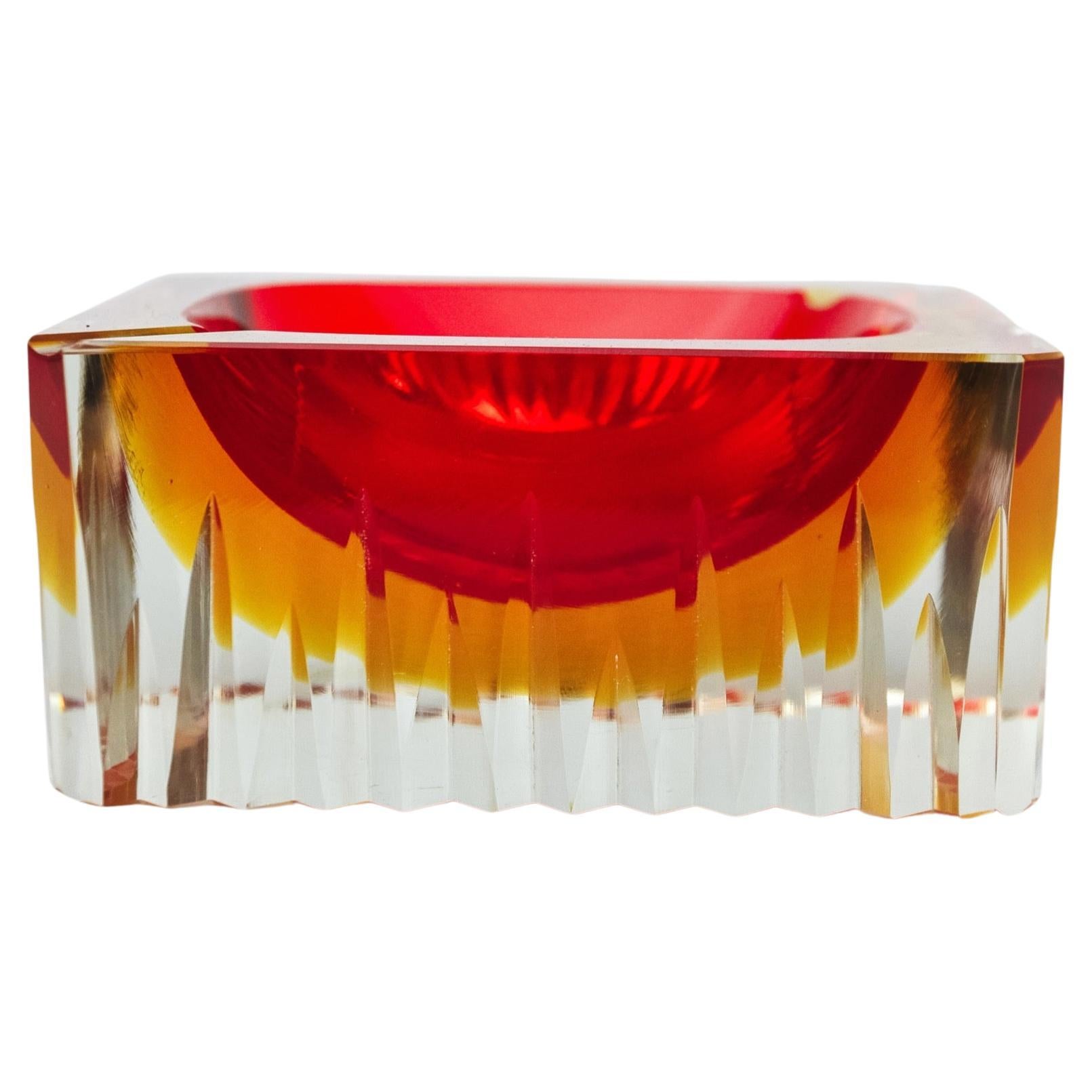 Red and yellow cubic Sommerso ashtray by Seguso, Murano, Italy, 1970 For Sale